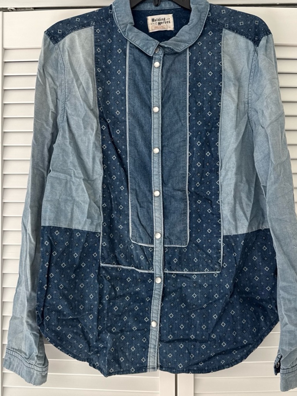 Anthropologie Holding Horses Blue Patchwork Top